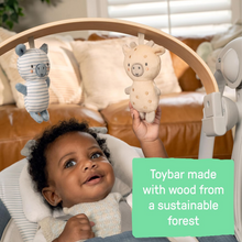 Load image into Gallery viewer, RAXSINYER Swing n Go Portable Swing, Removable Sustainably Sourced Wood Toy Bar, 5-Speed, for Ages 0-9 Months, Up to 20 Pounds, Chambray