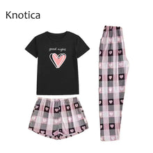 Load image into Gallery viewer, Knotica Girls Pajamas Set 3 Pcs Short Sleeve Pjs Crewneck Sleepwear Plaid Pants Shorts Outfits Loungewear