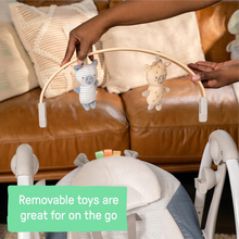 Load image into Gallery viewer, RAXSINYER Swing n Go Portable Swing, Removable Sustainably Sourced Wood Toy Bar, 5-Speed, for Ages 0-9 Months, Up to 20 Pounds, Chambray