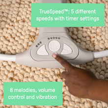 Load image into Gallery viewer, RAXSINYER Swing n Go Portable Swing, Removable Sustainably Sourced Wood Toy Bar, 5-Speed, for Ages 0-9 Months, Up to 20 Pounds, Chambray