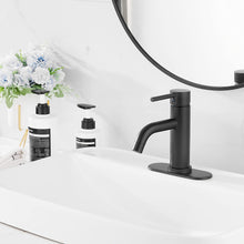 Load image into Gallery viewer, Jiteio Black One Hole Single Handle Bathroom Faucet RV Matte Black Bathroom Faucets Bathroom Vanity Faucet with Pop Up Drain with Overflow and Hose