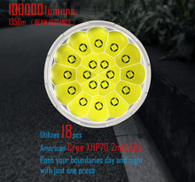 Load image into Gallery viewer, MusJig MS18 Brightest Flashlight 100,000 Lumens, LED Flashlight 18pcs Cree XHP70.2 LEDs, Rechargeable Powerful Torch Long Throw Up to 1350 Meters, with OLED Display and Built-in Cooling Tools
