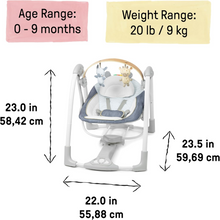 Load image into Gallery viewer, RAXSINYER Swing n Go Portable Swing, Removable Sustainably Sourced Wood Toy Bar, 5-Speed, for Ages 0-9 Months, Up to 20 Pounds, Chambray