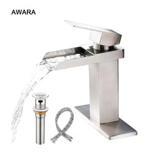 Load image into Gallery viewer, AWARA Bathroom Faucet, Single Hole Bathroom Sink Faucet, Brushed Nickel Waterfall 1 or 3 Hole Single Handle Bathroom Sink Faucet with Pop Up Drain and Supply Lines
