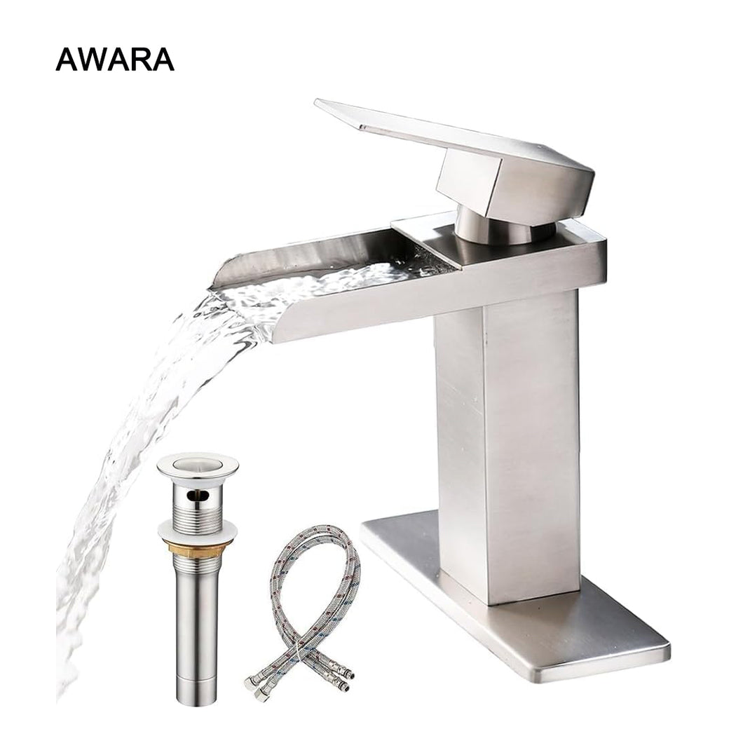 AWARA Bathroom Faucet, Single Hole Bathroom Sink Faucet, Brushed Nickel Waterfall 1 or 3 Hole Single Handle Bathroom Sink Faucet with Pop Up Drain and Supply Lines