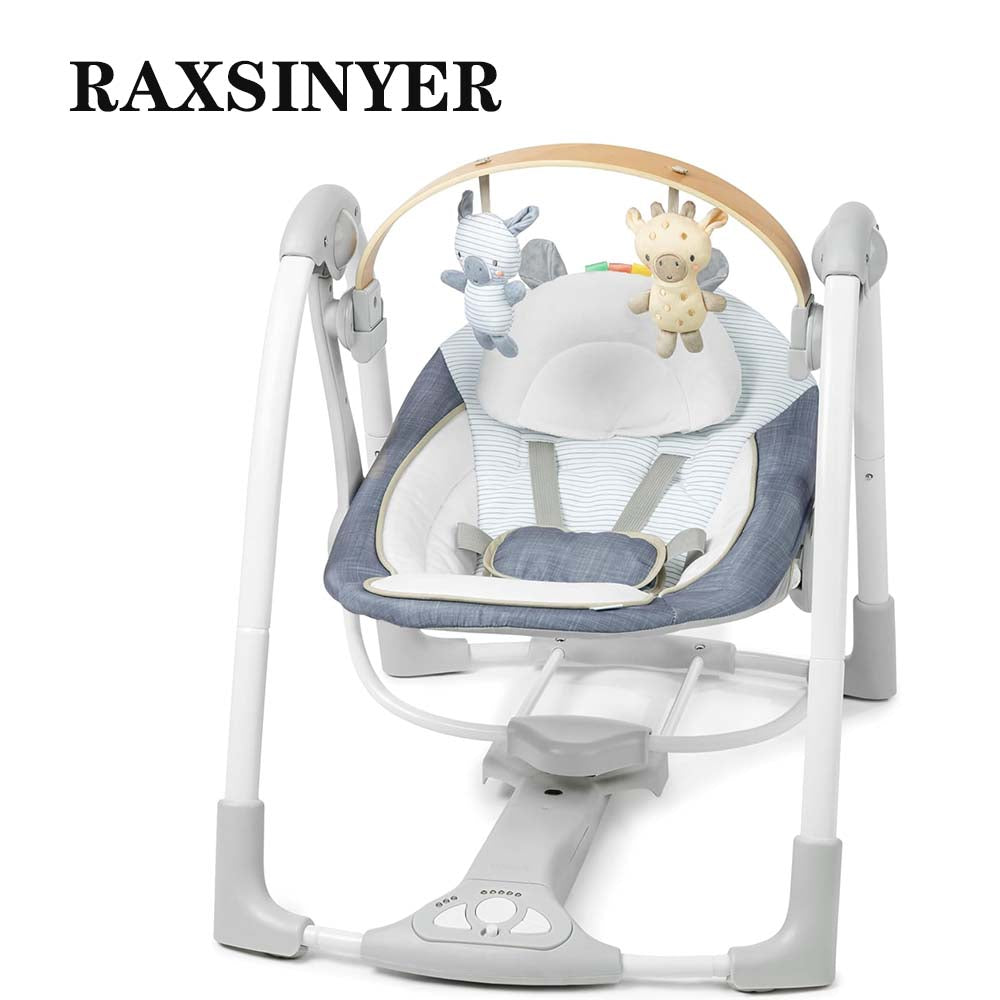 RAXSINYER Swing n Go Portable Swing, Removable Sustainably Sourced Wood Toy Bar, 5-Speed, for Ages 0-9 Months, Up to 20 Pounds, Chambray
