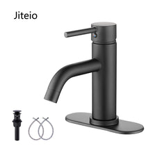 Load image into Gallery viewer, Jiteio Black One Hole Single Handle Bathroom Faucet RV Matte Black Bathroom Faucets Bathroom Vanity Faucet with Pop Up Drain with Overflow and Hose
