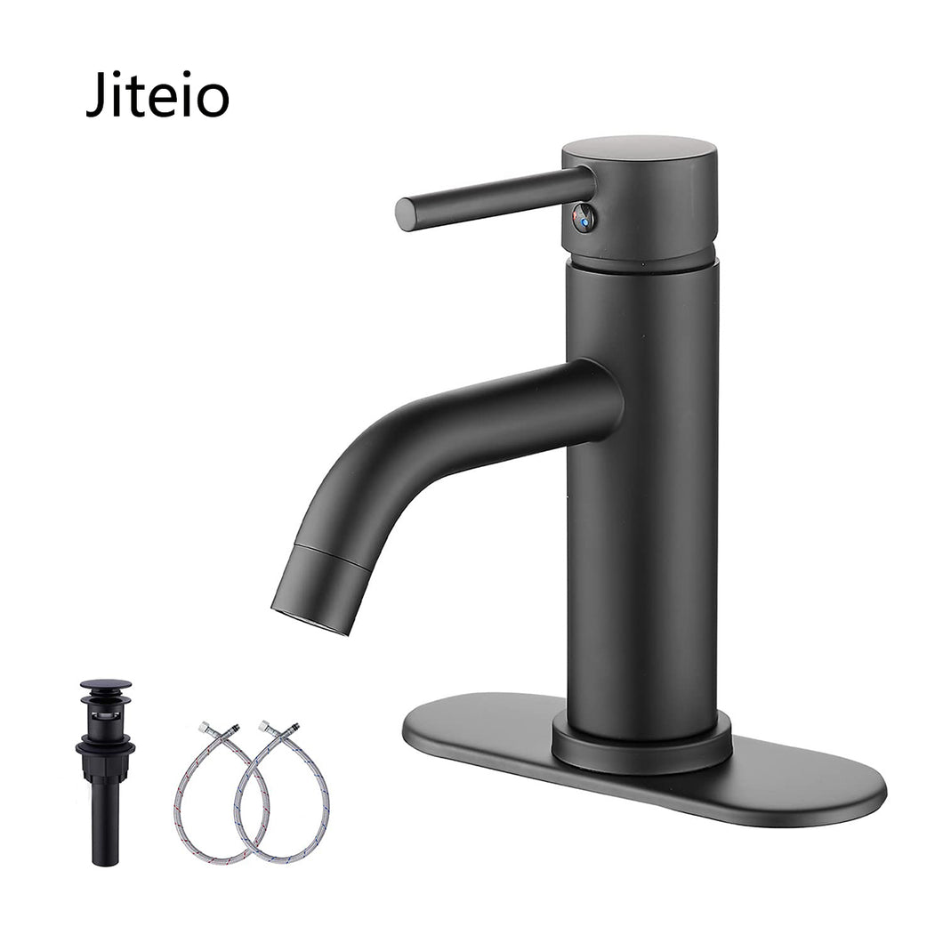Jiteio Black One Hole Single Handle Bathroom Faucet RV Matte Black Bathroom Faucets Bathroom Vanity Faucet with Pop Up Drain with Overflow and Hose