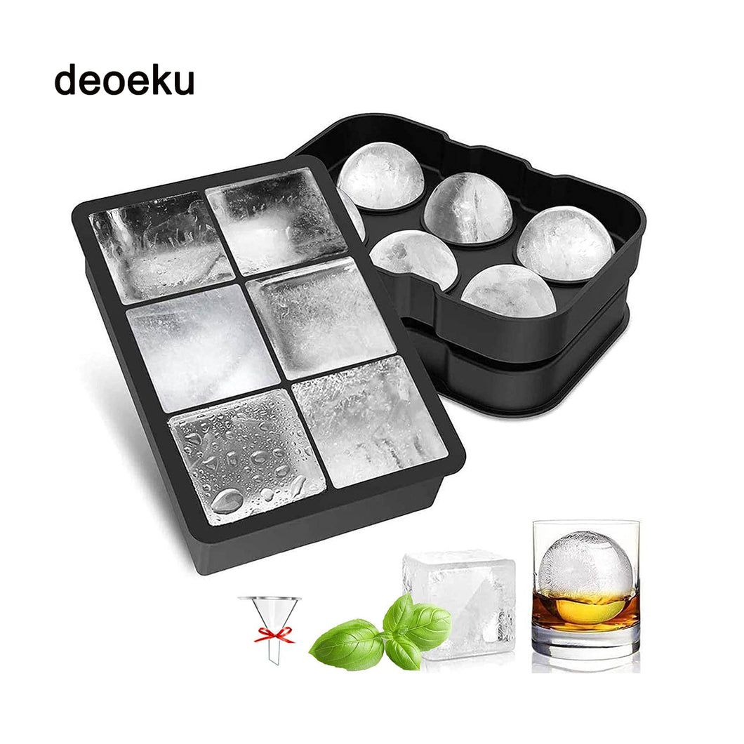 deoeku Ice Cube Trays (Set of 2), Sphere Ice Ball Maker with Lid & Large Square Ice Cube Maker for Whiskey, Cocktails and Homemade, Keep Drinks Chilled Black