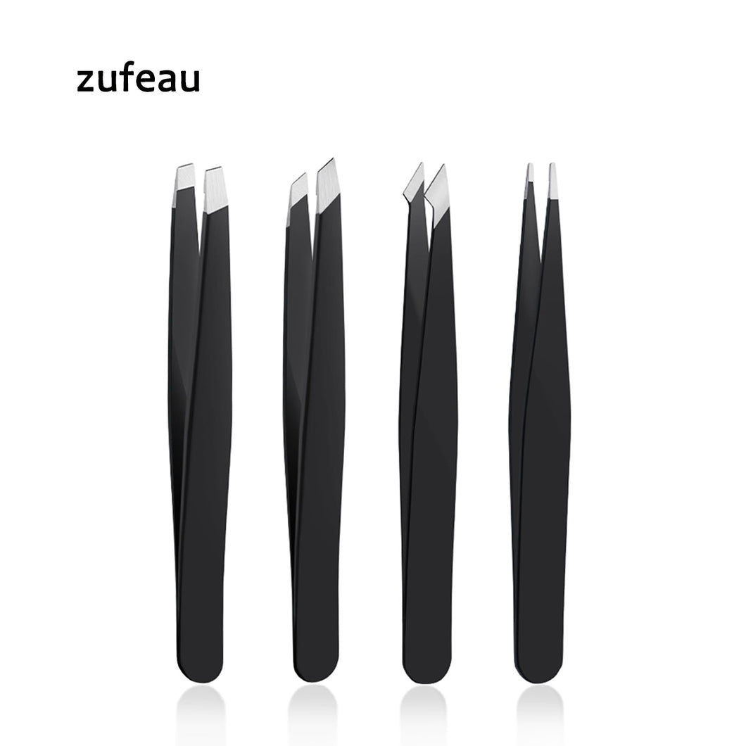zufeau 4 PCS Stainless Steel Tweezers Set – Precision Tweezers for Ingrown Hair, Facial Hair, Splinter, Blackhead and Tick Remover