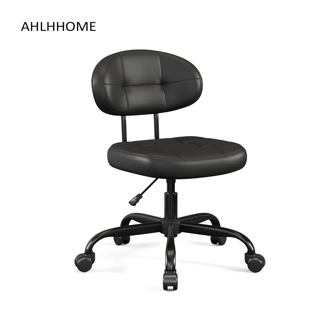 AHLHHOME Vanity Chair with back, Small Armless Cute office Chair with wheels and Lumbar support, Comfy PU Leather Desk Computer Chairs with Adjustable Height, 360°Swivel for Home Bedroom Office, Black