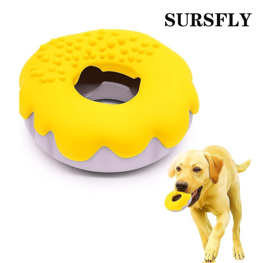 SURSFLY Dog Toys Aggressive Chewers - Interactive Puppy Toys 2 in 1 Treat and Tough Dog Chew Toys for Boredom - Doughnut Shape (Bright Yellow)