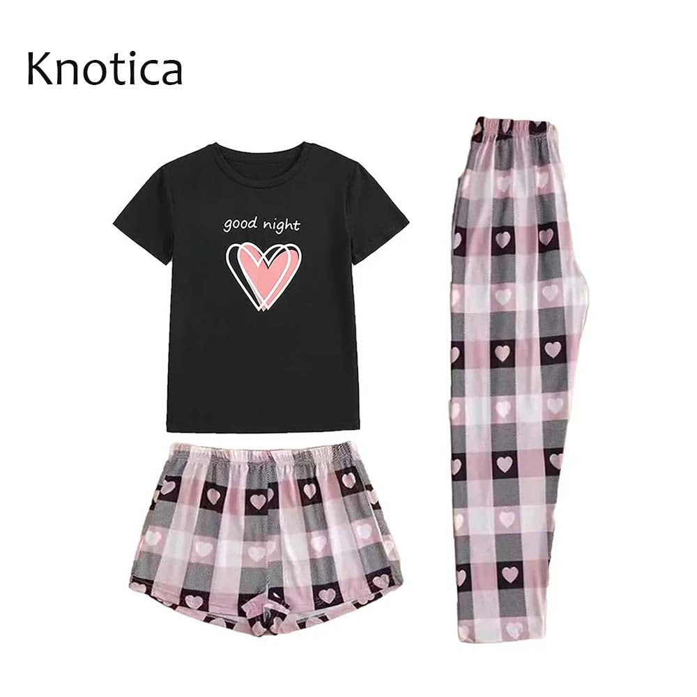 Knotica Girls Pajamas Set 3 Pcs Short Sleeve Pjs Crewneck Sleepwear Plaid Pants Shorts Outfits Loungewear