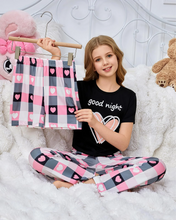 Load image into Gallery viewer, Knotica Girls Pajamas Set 3 Pcs Short Sleeve Pjs Crewneck Sleepwear Plaid Pants Shorts Outfits Loungewear
