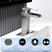 Load image into Gallery viewer, AWARA Bathroom Faucet, Single Hole Bathroom Sink Faucet, Brushed Nickel Waterfall 1 or 3 Hole Single Handle Bathroom Sink Faucet with Pop Up Drain and Supply Lines
