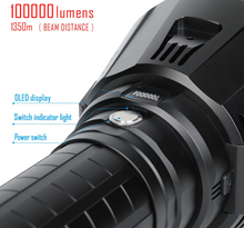 Load image into Gallery viewer, MusJig MS18 Brightest Flashlight 100,000 Lumens, LED Flashlight 18pcs Cree XHP70.2 LEDs, Rechargeable Powerful Torch Long Throw Up to 1350 Meters, with OLED Display and Built-in Cooling Tools
